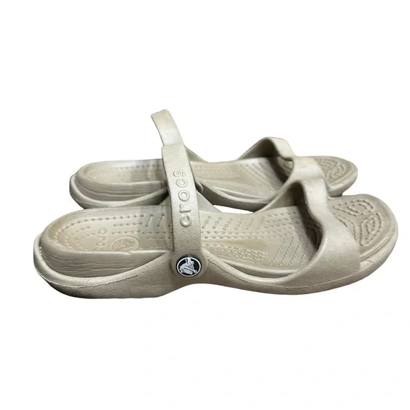 CROCS Cleo Strappy Sandals Size 8 Tan Slip On Slides Comfort Water Summer Beach - Picture 4 of 8